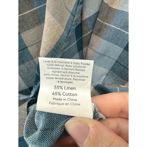 LINTICO | Linen Blend Blue Plaid Cowl Neck Short Sleeve Shirt Top | XL - Picture 8 of 9